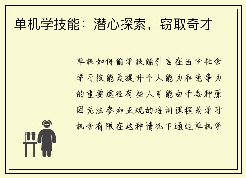 单机学技能：潜心探索，窃取奇才