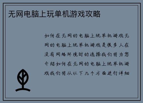 无网电脑上玩单机游戏攻略